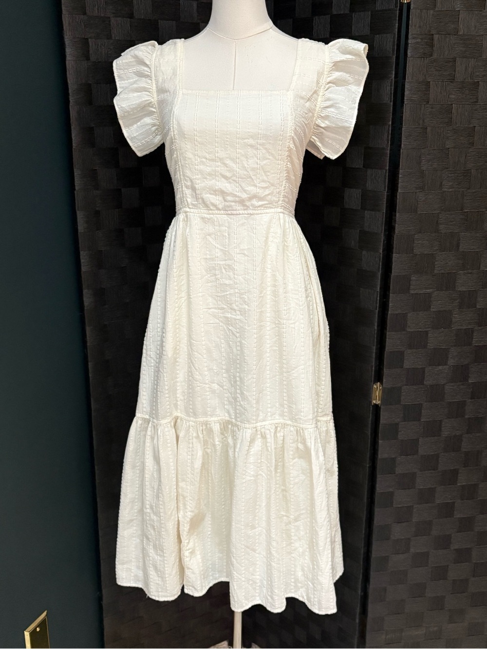 Madewell Textural Lighthouse White Ruffle Strap Tie Back Tiered Midi Dress